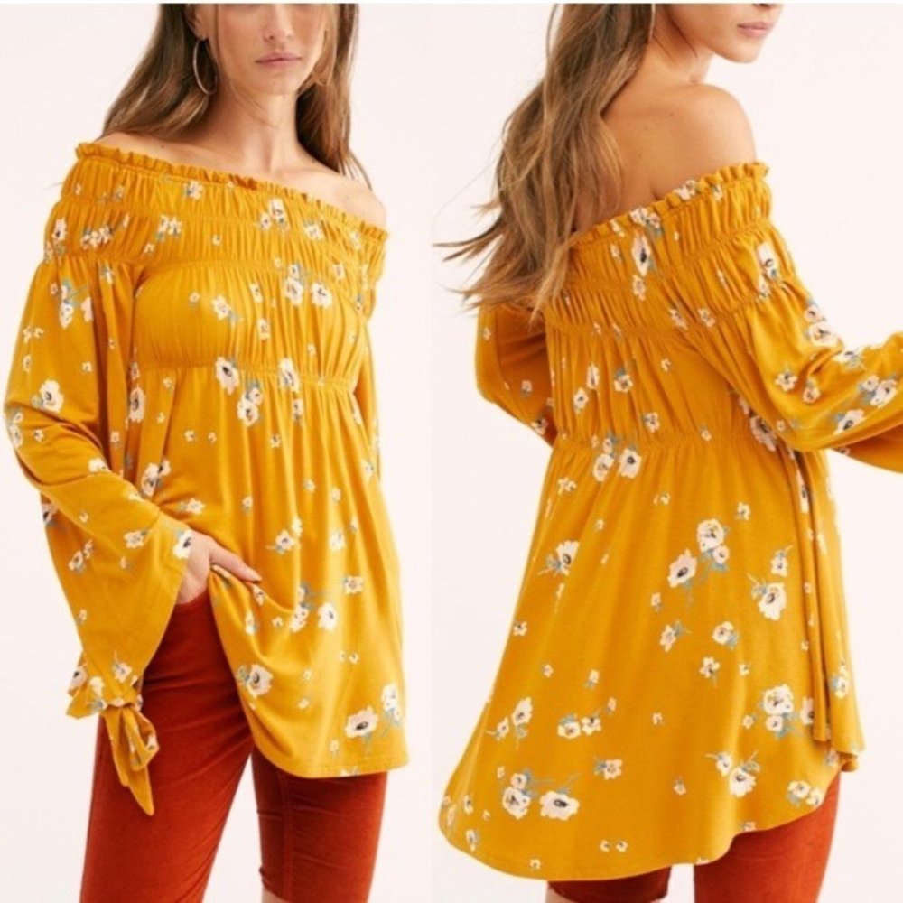 Free People Off the Shoulder Floral Mustard Long Sleeve Shirt